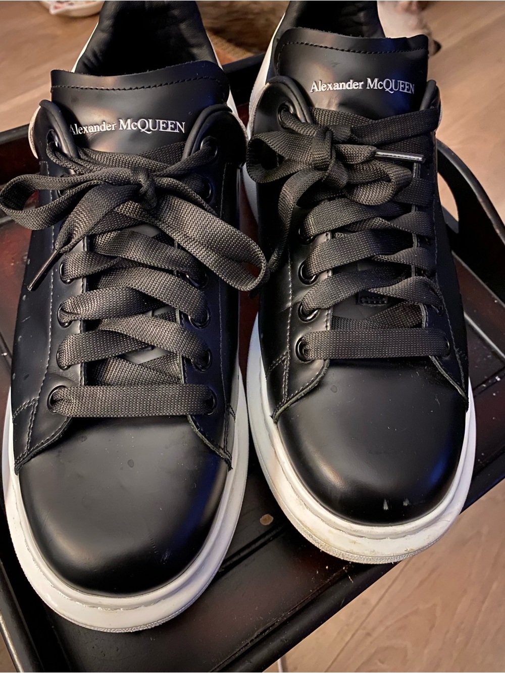 Alexander McQueen oversized Black Leather Low-Top Sneakers with White Sole